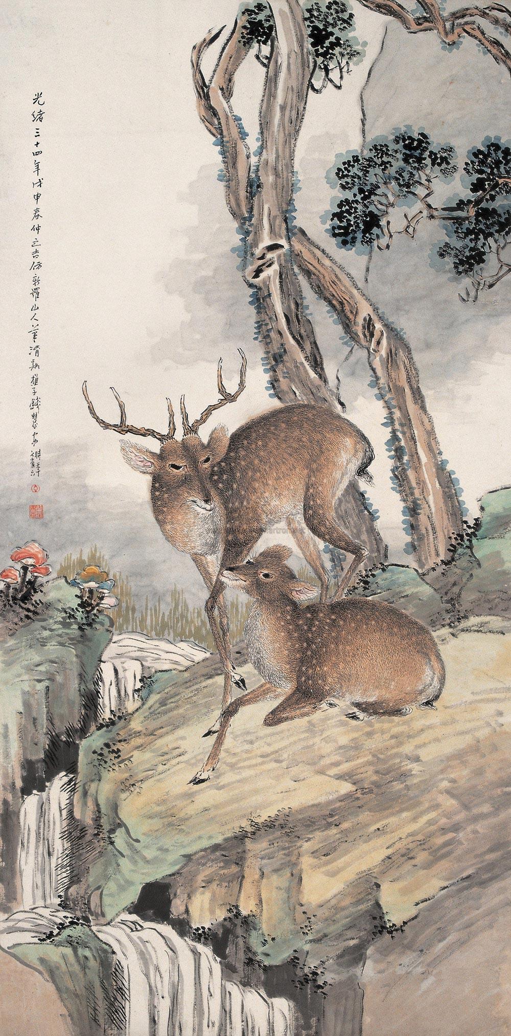 0431 1908年作 柏鹿图 立轴 设色纸本