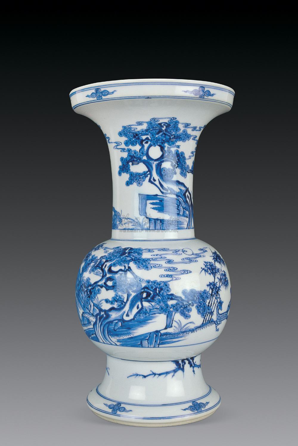 【清雍正 青花山水纹盘口花觚】拍卖品_图片_价格_鉴赏_清代青花瓷器