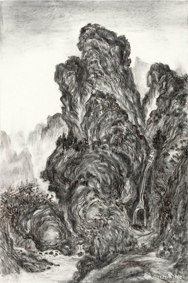 关仝《山溪待渡图》  袁慧莉 145x83cm 2017年 纸炭,宣纸,裱板,灼纸卷