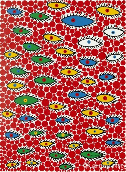 《天空中飞翔的眼睛》  草间弥生 76x56cm  丝网版画
