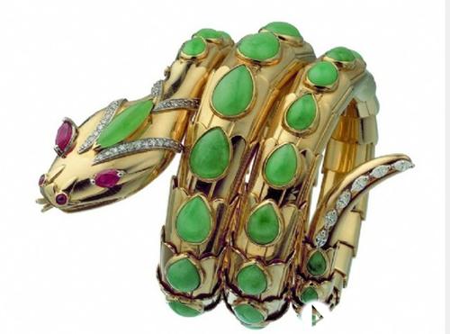 宝格丽 serpenti 系列古董腕表上海臻品   18k黄金蛇形手镯,镶嵌翡翠